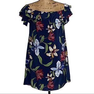 AMANDA UPRICHARD Silk Navy Floral Off-Shoulder Tunic Mini Dress